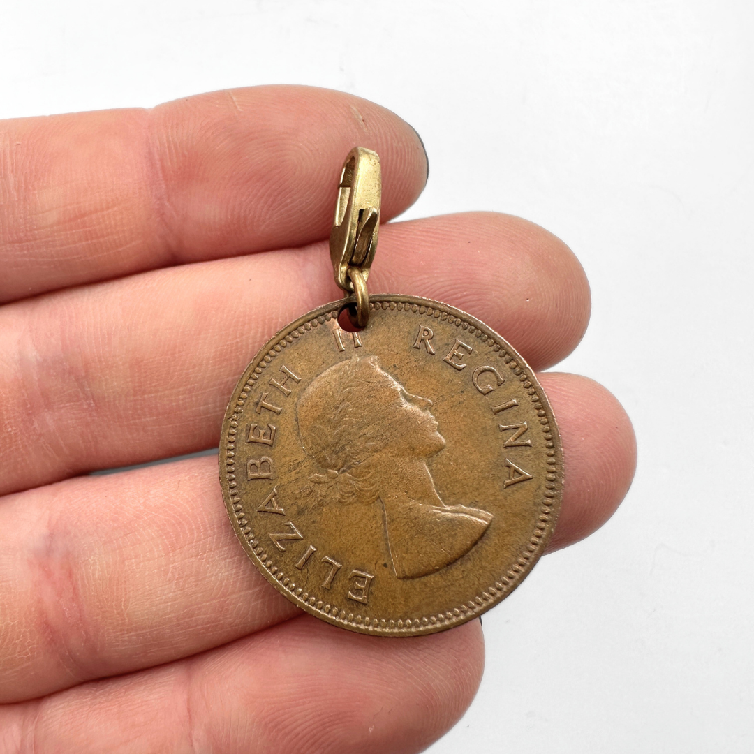Vintage bronze 1957 Queen Elizabeth South African coin charm