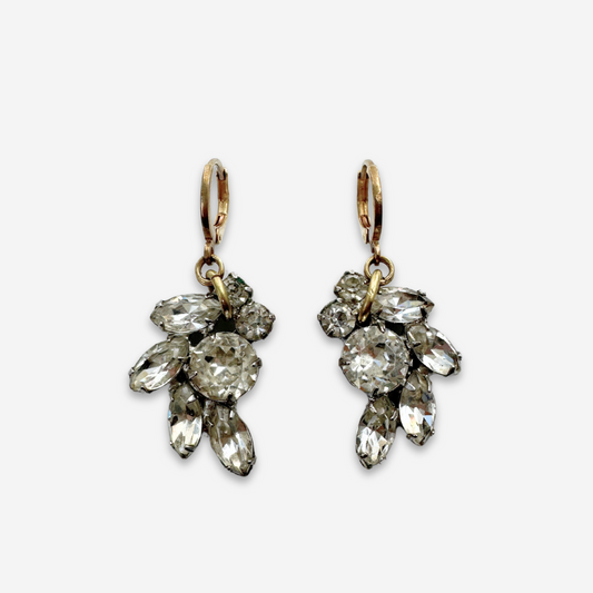 Refashioned vintage clear rhinestone earrings with brass lever back clasps