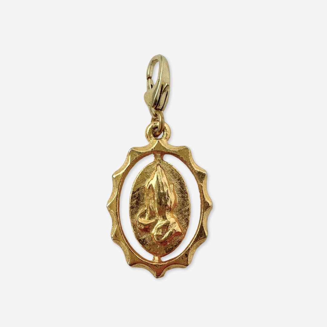 Vintage gold tone praying hands oval charm