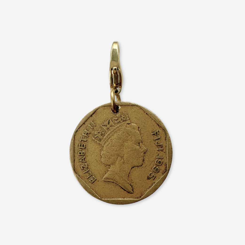 Vintage Queen Elizabeth gold tone Fiji coin charm