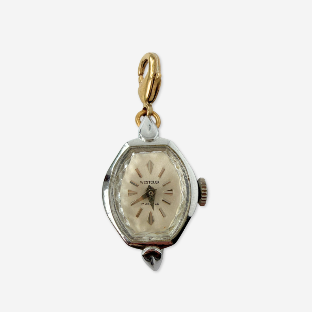 Vintage silver tone  "Westclox" watch face charm