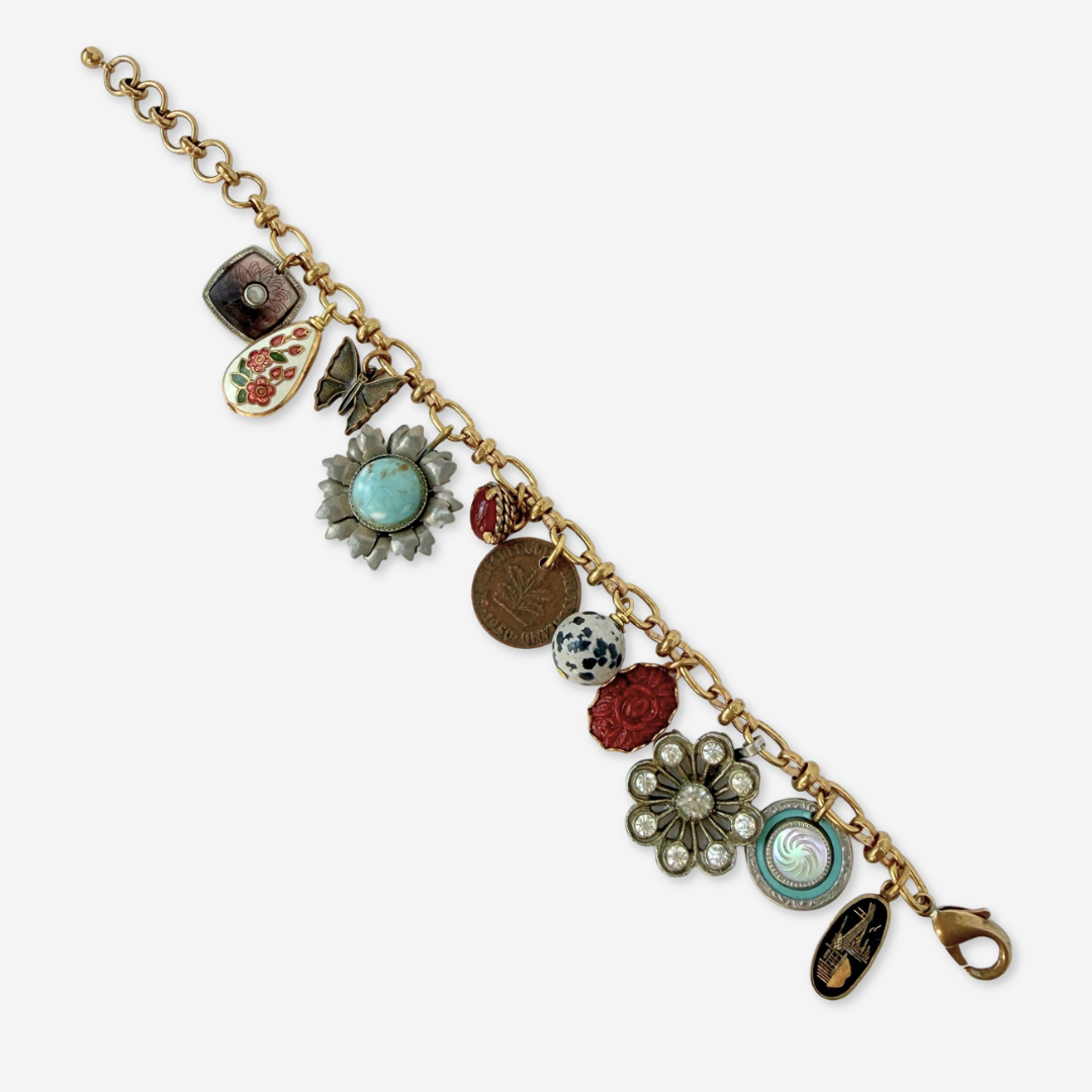 Turquoise and burgundy repurposed vintage charm bracelet
