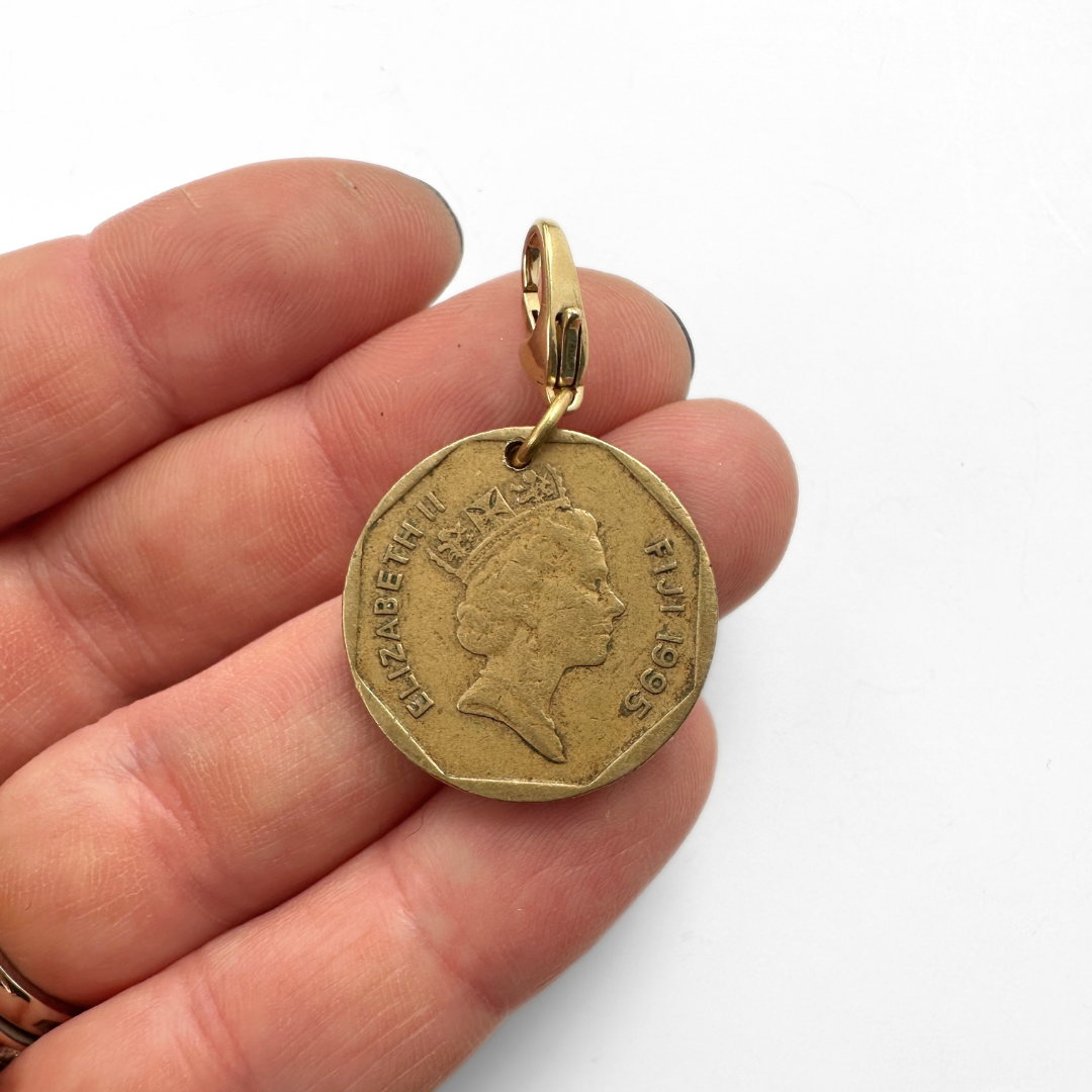 Vintage Queen Elizabeth gold tone Fiji coin charm