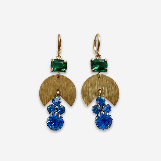 Refashioned vintage cobalt blue, green, and brass rhinestone earrings