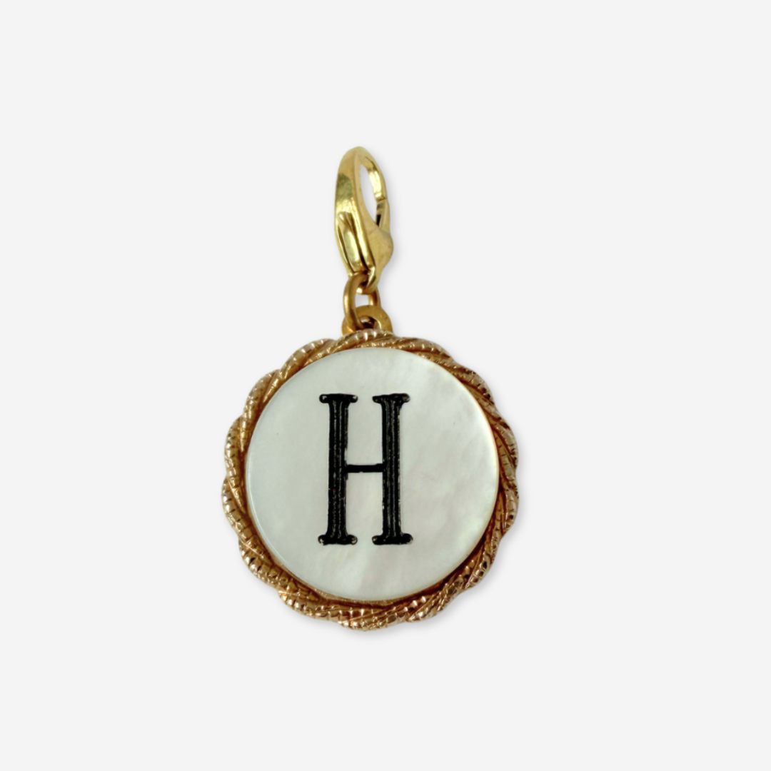 Refashioned vintage circular mother of pearl "H" monogram charm