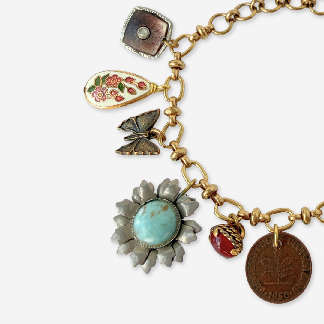 Turquoise and burgundy repurposed vintage charm bracelet