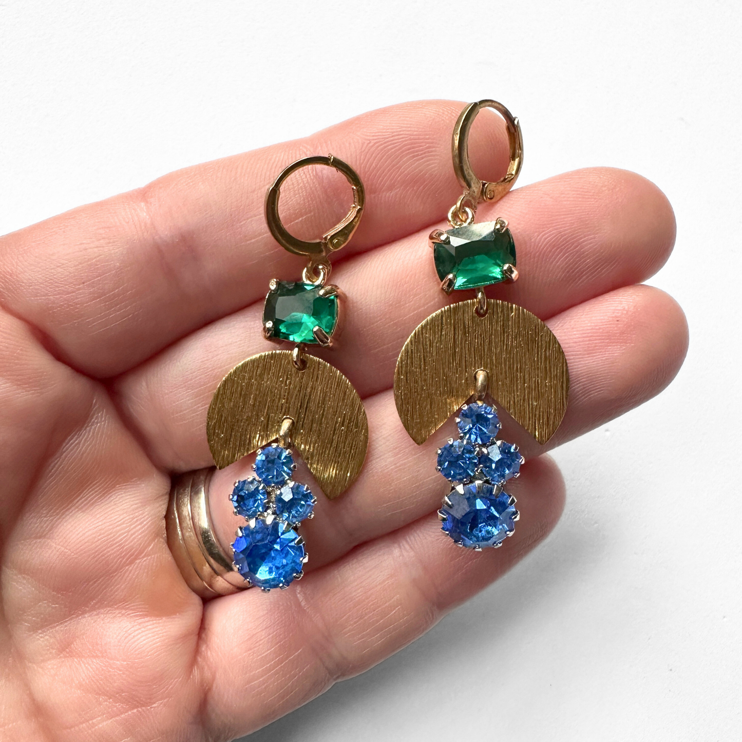 Refashioned vintage cobalt blue, green, and brass rhinestone earrings