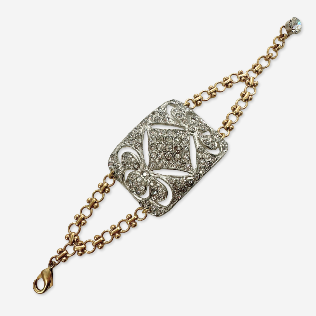 Refashioned Antique Rhinestone Shoe Buckle bracelet with brass chain