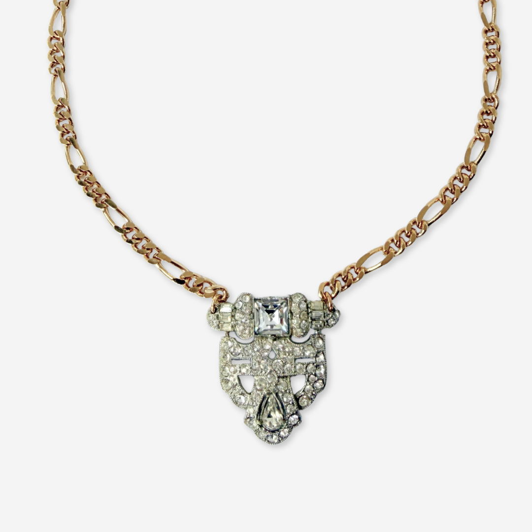 Vintage clear rhinestone deco pendant on gold plated curb chain