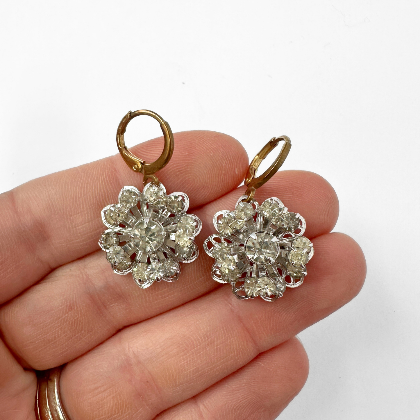 Refashioned vintage clear rhinestone earrings with brass lever backs