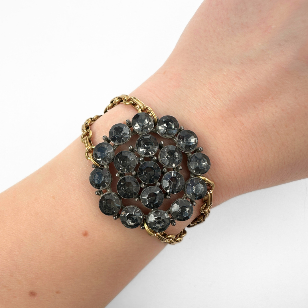 Repurposed dark gray vintage rhinestone statement bracelet