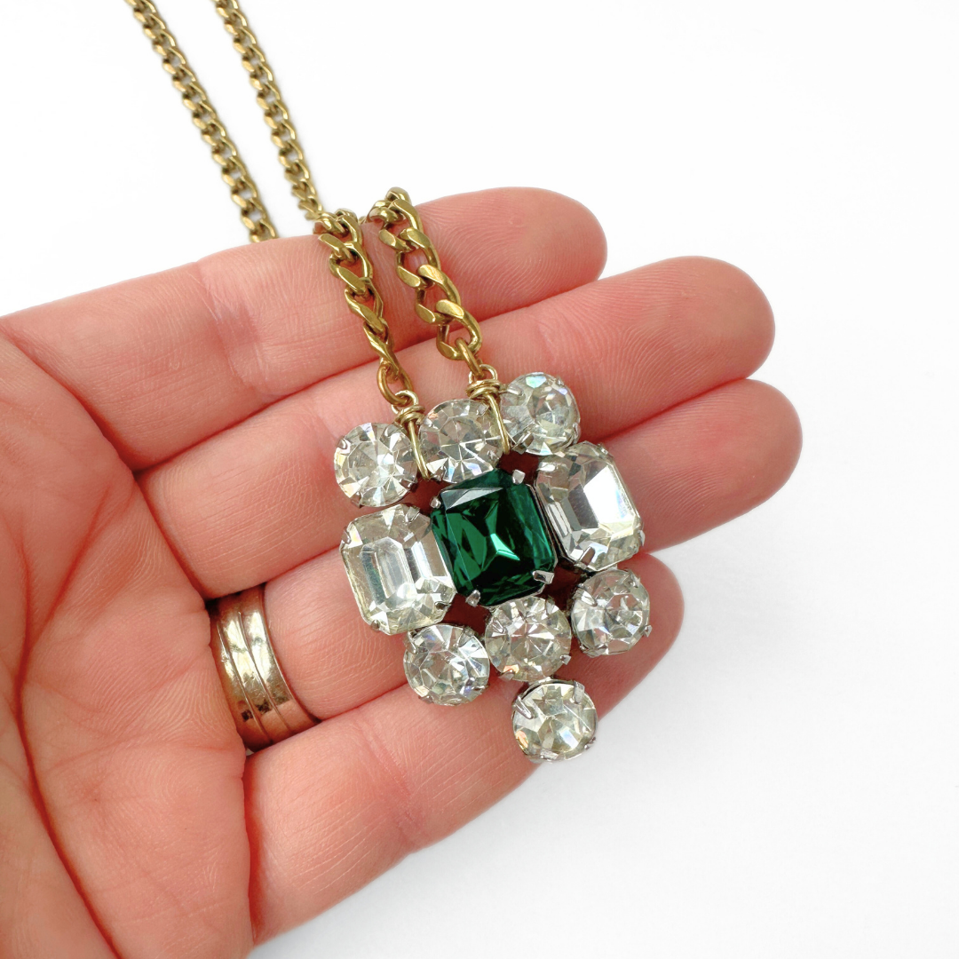 Vintage clear and emerald large rhinestone pendant with brass chain