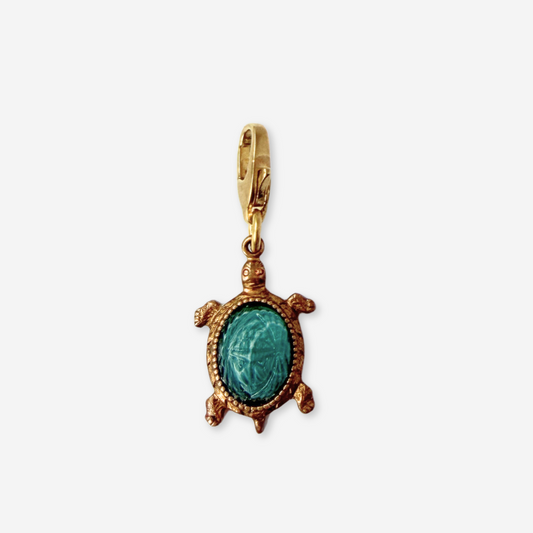 Vintage aged brass turtle charm with teal scarab shell