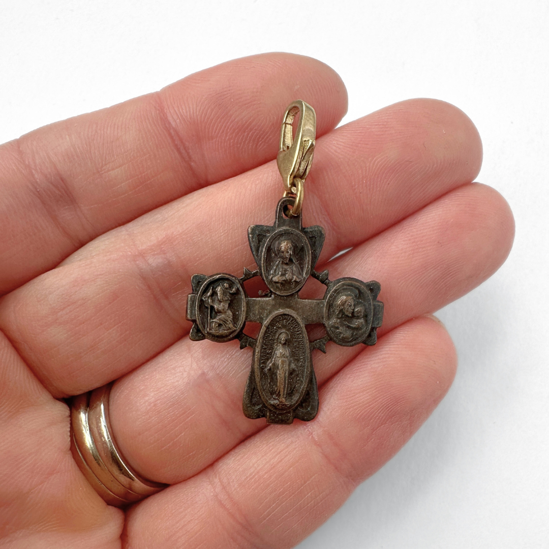 Vintage aged four-way scapular cross charm