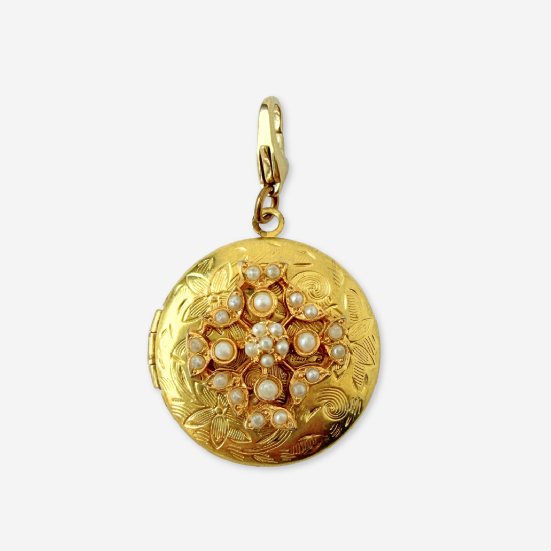 Vintage etched brass circular locket charm with pearl embellishments