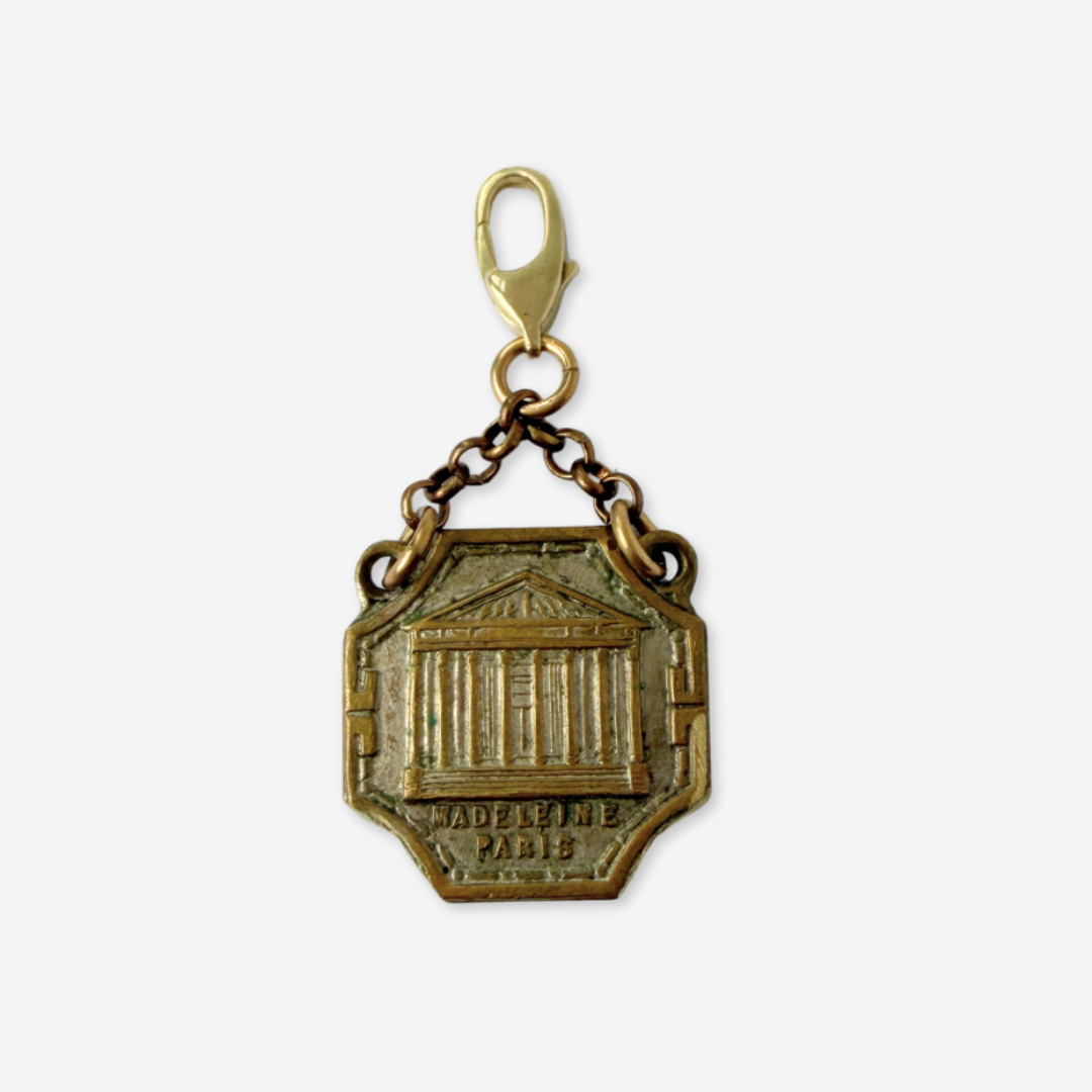 Vintage aged brass Parisian landmark medal charm: Madeleine Church