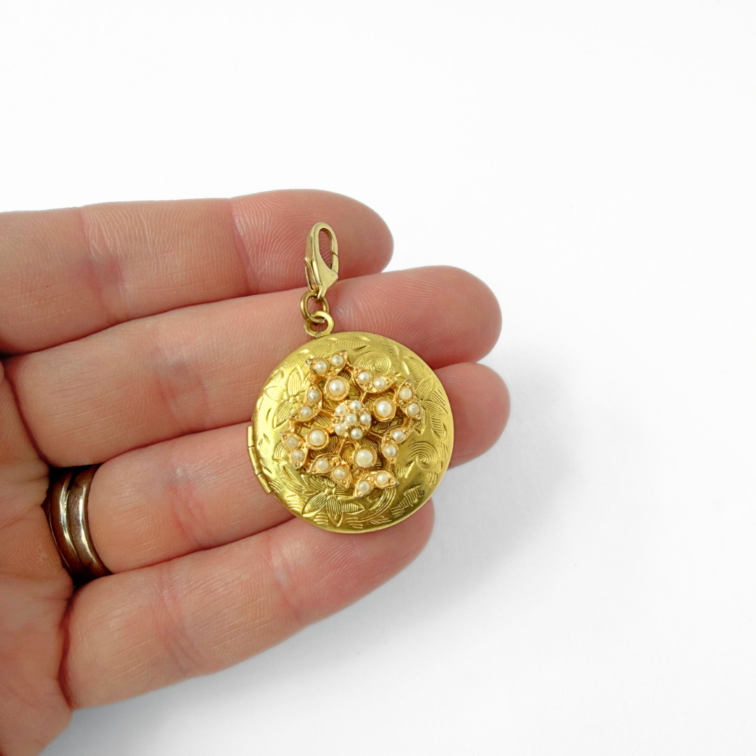 Vintage etched brass circular locket charm with pearl embellishments