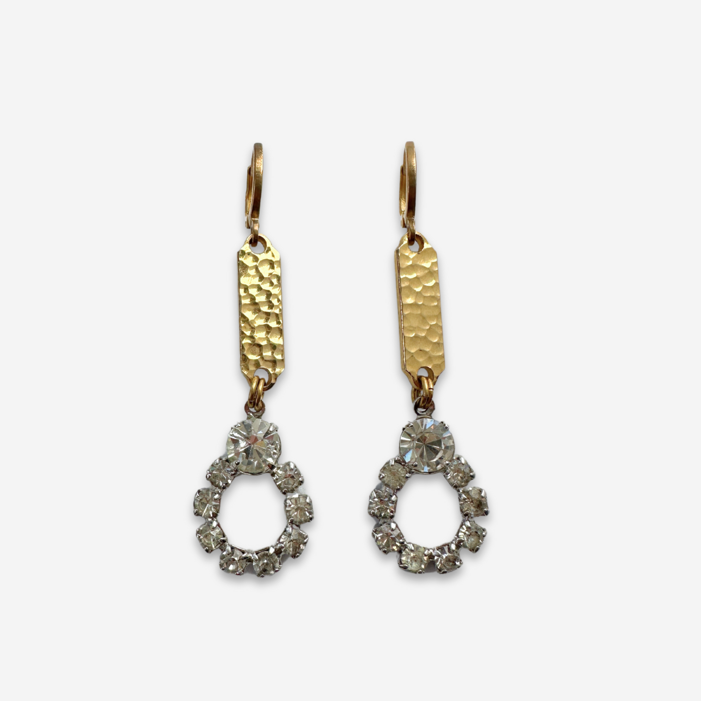 Refashioned long vintage clear rhinestone and hammered gold link earrings