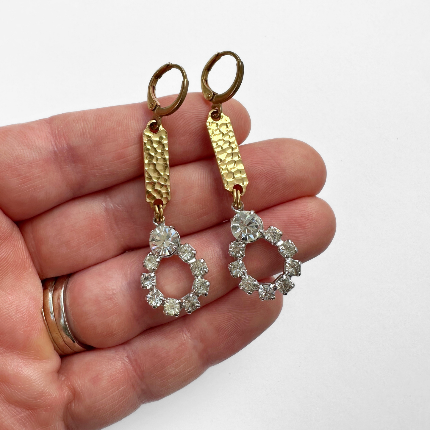 Refashioned long vintage clear rhinestone and hammered gold link earrings