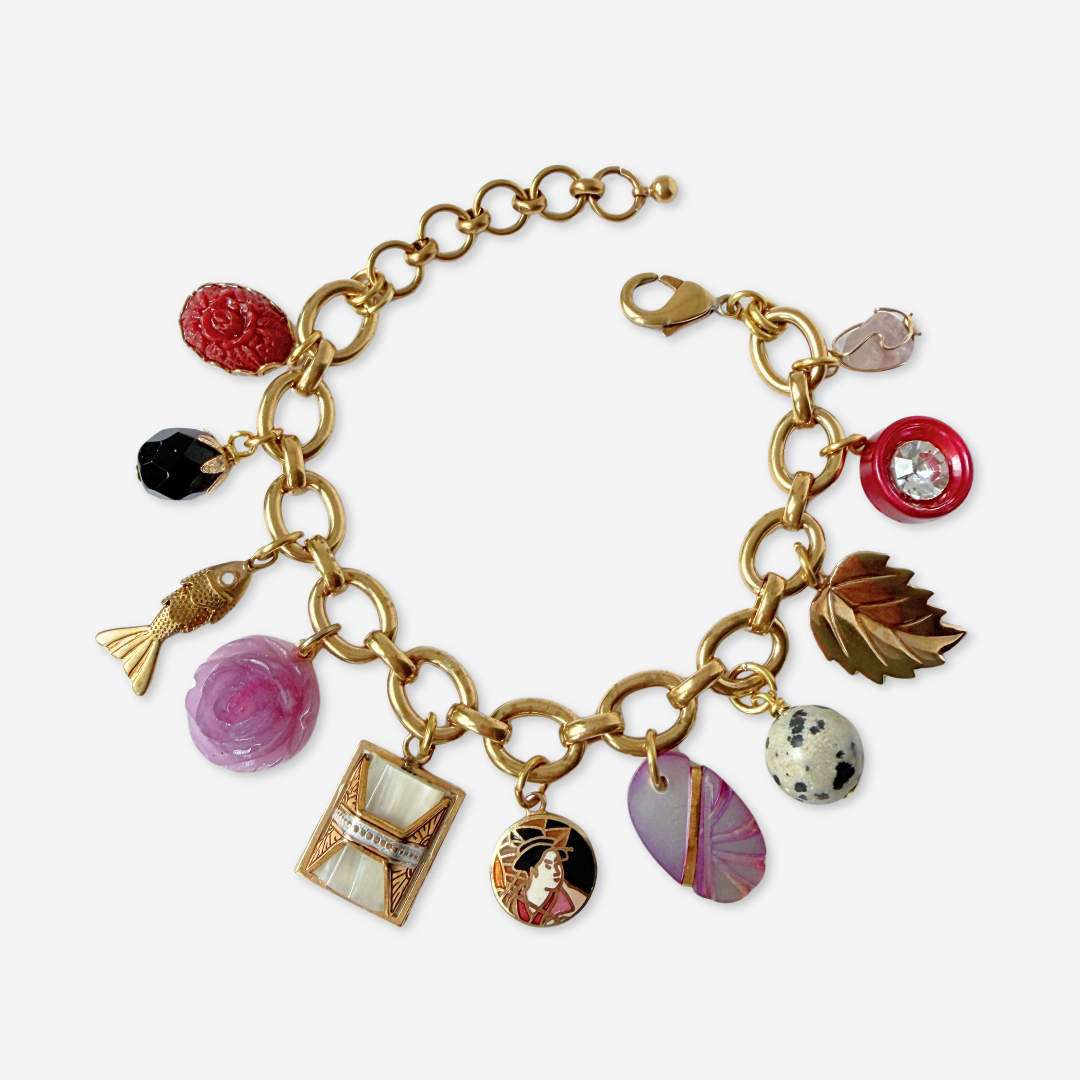 Chunky Repurposed vintage mixed charm bracelet: burgundy/ lilac