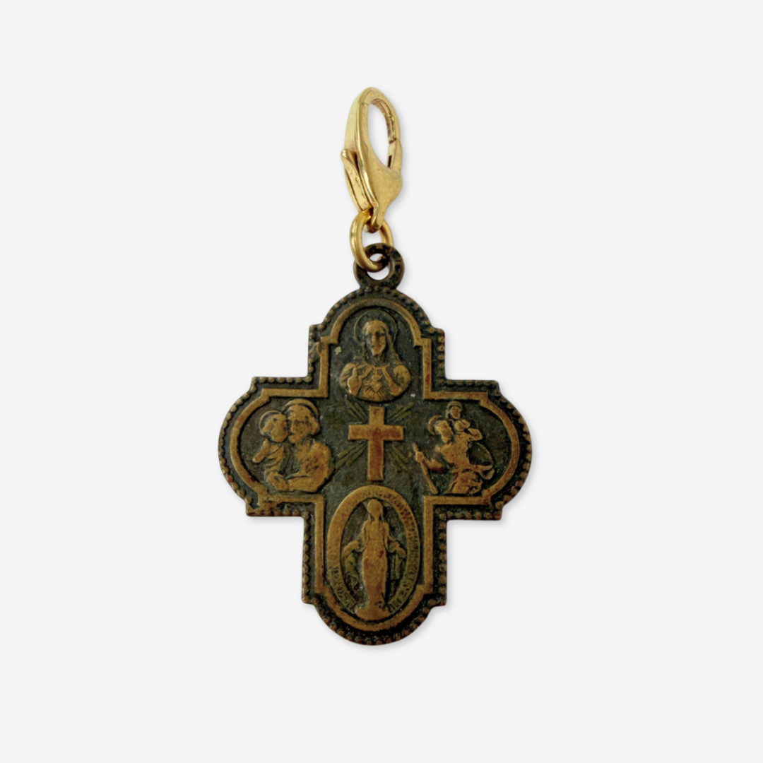 Vintage aged brass four-way scapular cross charm pendant