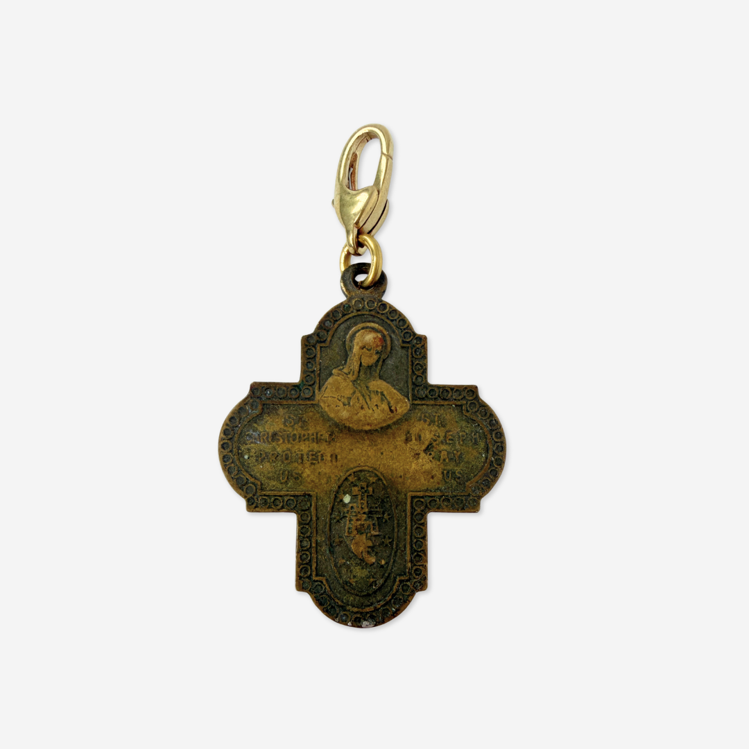 Vintage aged brass four-way scapular cross charm pendant