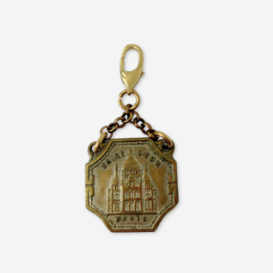 Vintage aged brass Parisian landmark medal charm: Sacre-Coeur Basilica