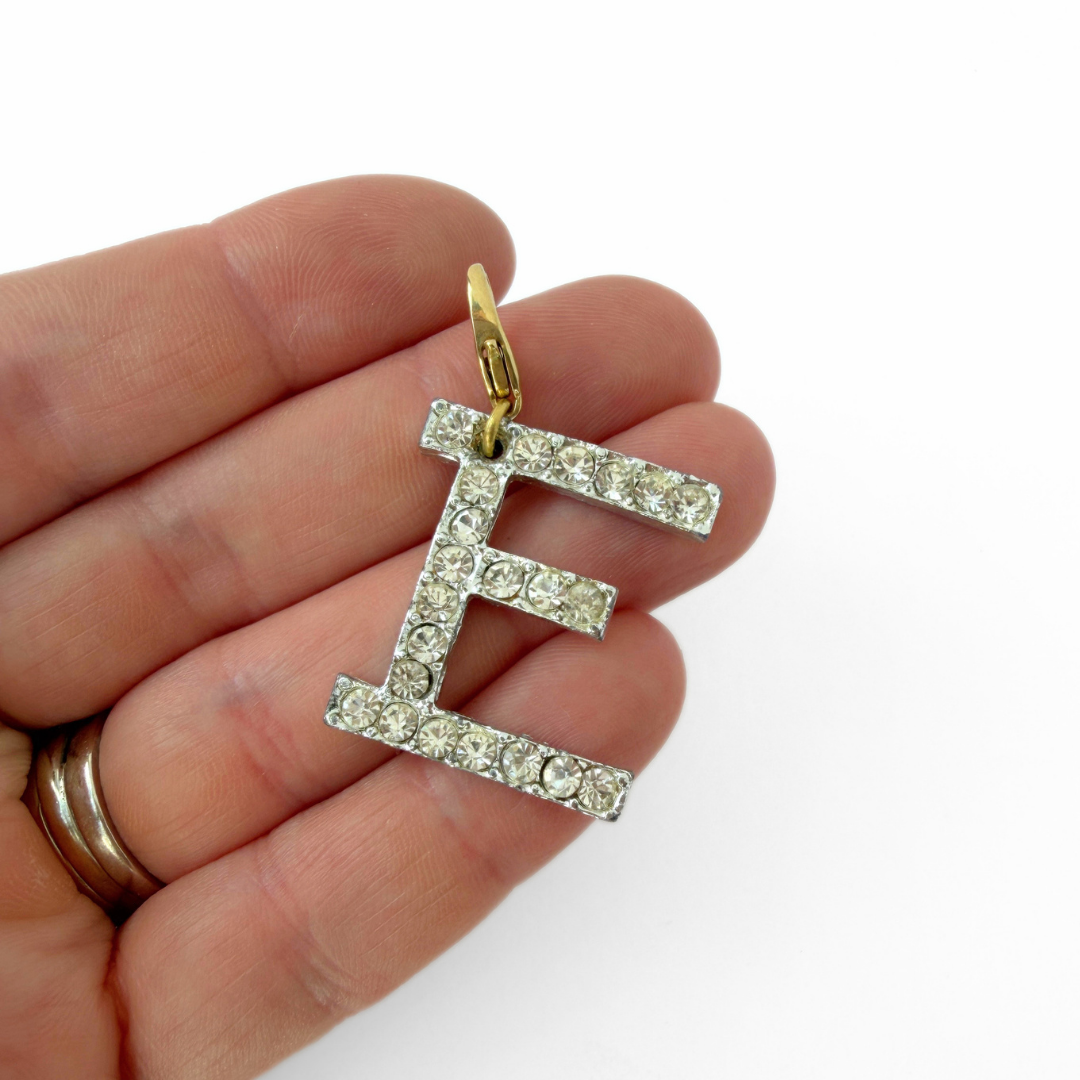 Refashiond vintage large silver rhinestone letter "E" monogram charm