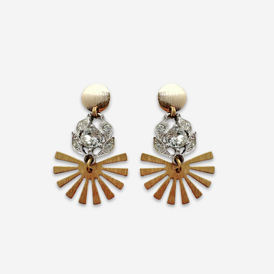 Refashioned vintage clear rhinestone Bogoff link earrings with brass sunburst fan