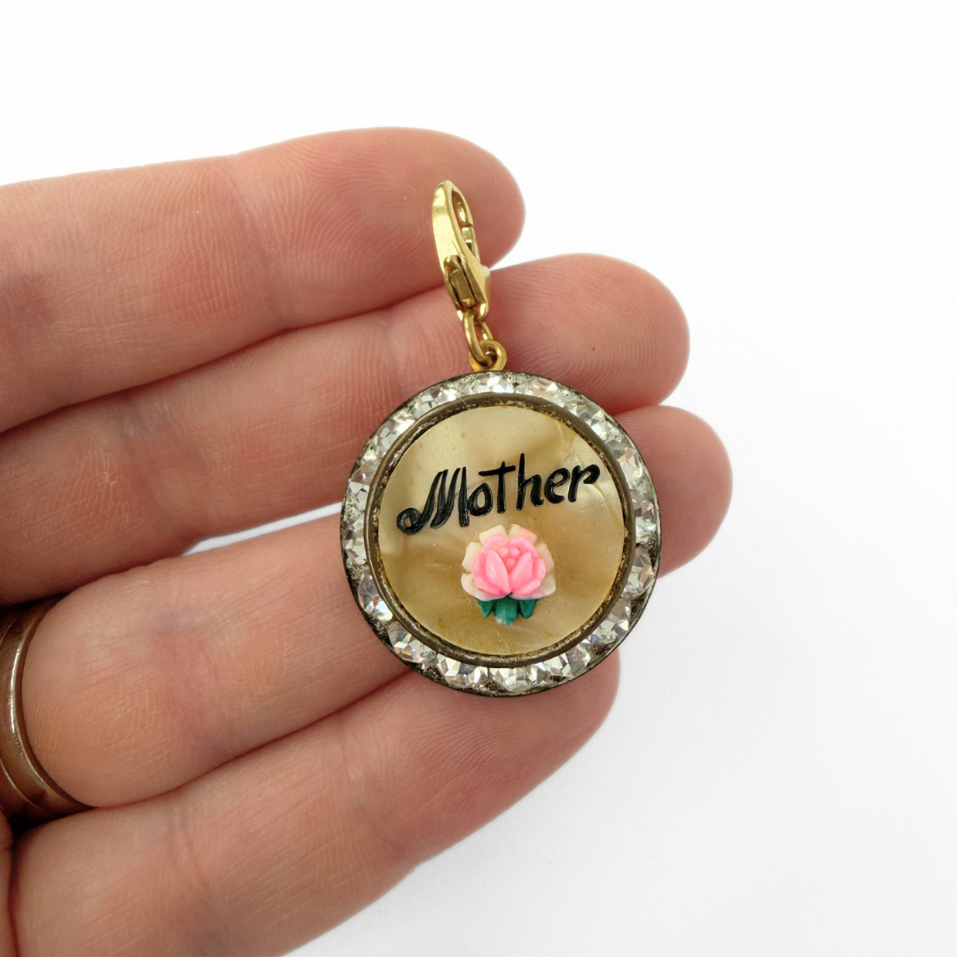 Vintage "Mother" MOP and rhinestone circular charm
