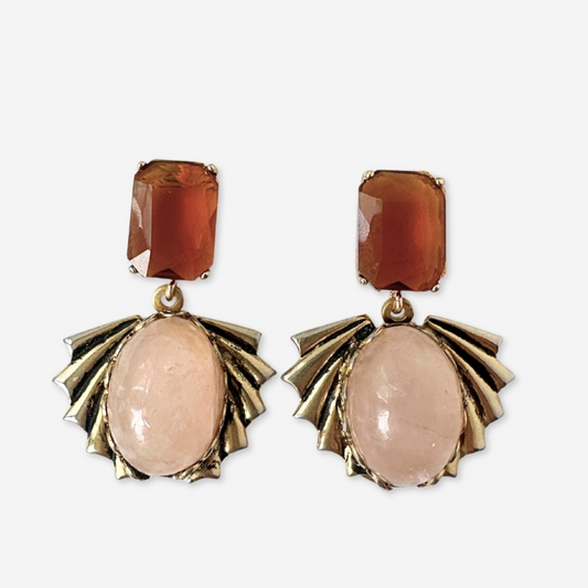 Refashioned vintage rose quartz fan earrings