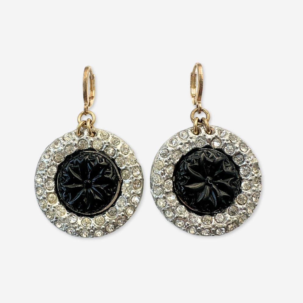 Refashioned vintage clear rhinestone and black large circular earrings