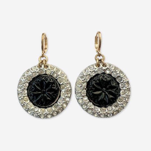 Refashioned vintage clear rhinestone and black large circular earrings