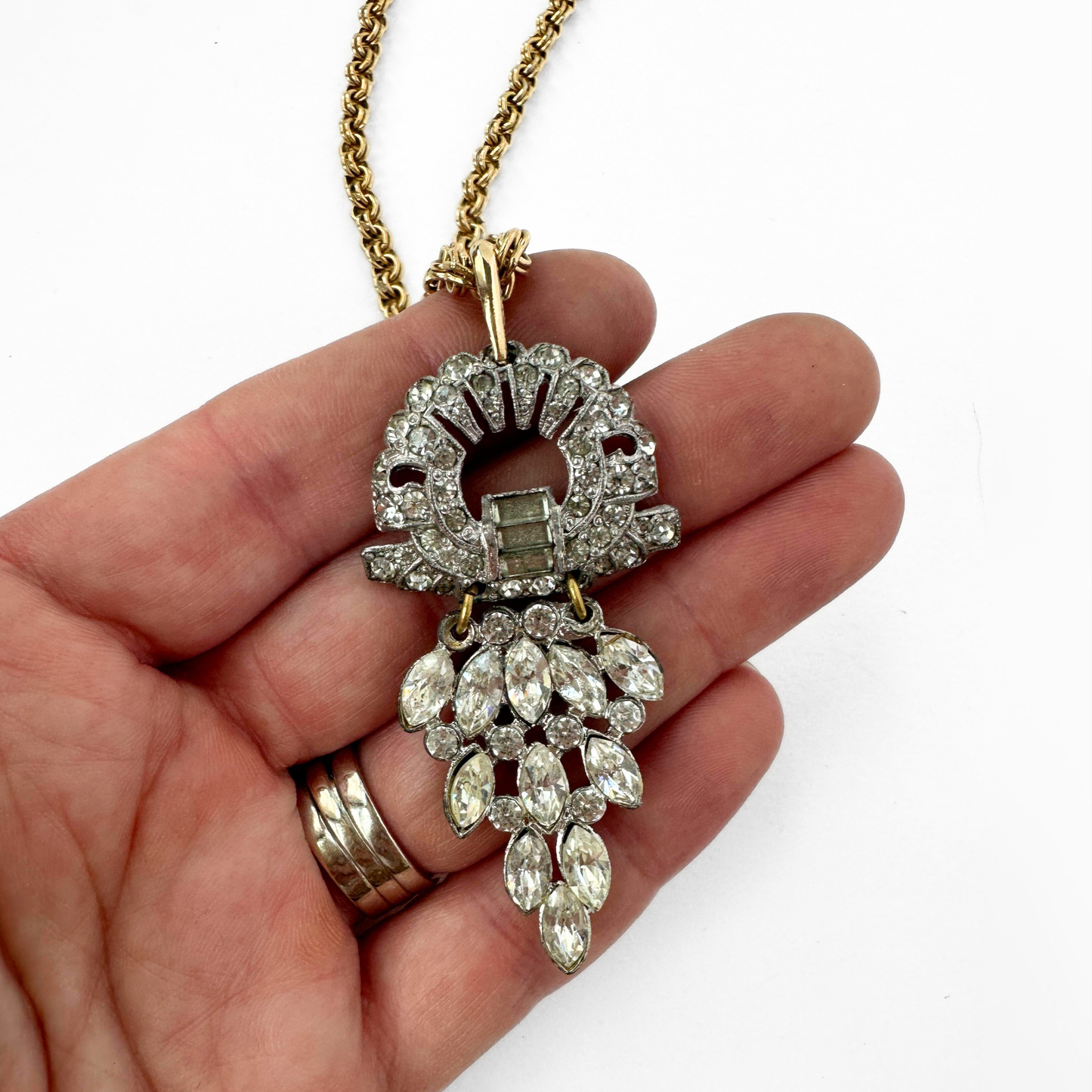 Refashioned 2-pc vintage art deco rhinestone and gold pendant assemblage necklace