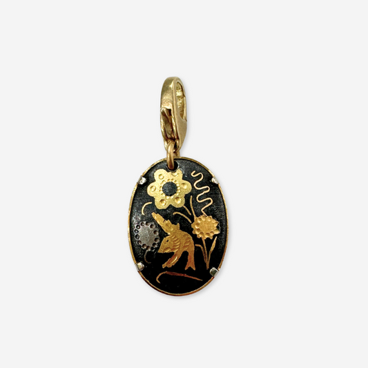 Vintage gold and black Damascene floral bird oval charm
