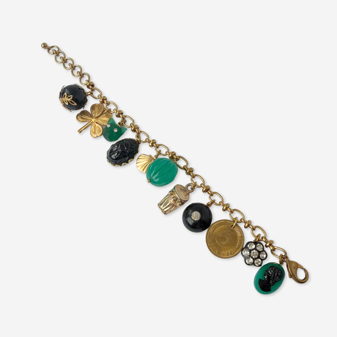 Repurposed vintage mixed charm bracelet: green/ black