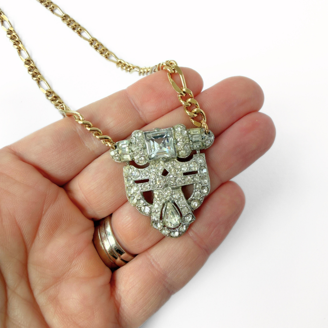 Vintage clear rhinestone deco pendant on gold plated curb chain