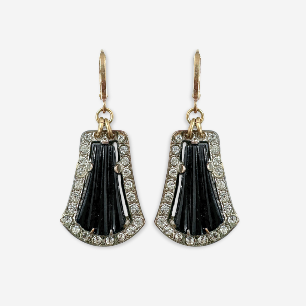 Refashioned art deco vintage black glass and clear rhinestone earrings