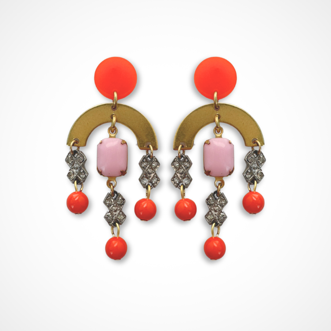 Refashioned vintage pink, orange, and rhinestone chandelier earrings w/ brass arc