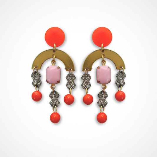 Refashioned vintage pink, orange, and rhinestone chandelier earrings w/ brass arc