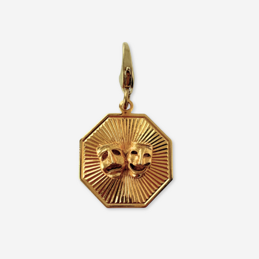 Vintage gold comedy and tragedy mask octagonal charm