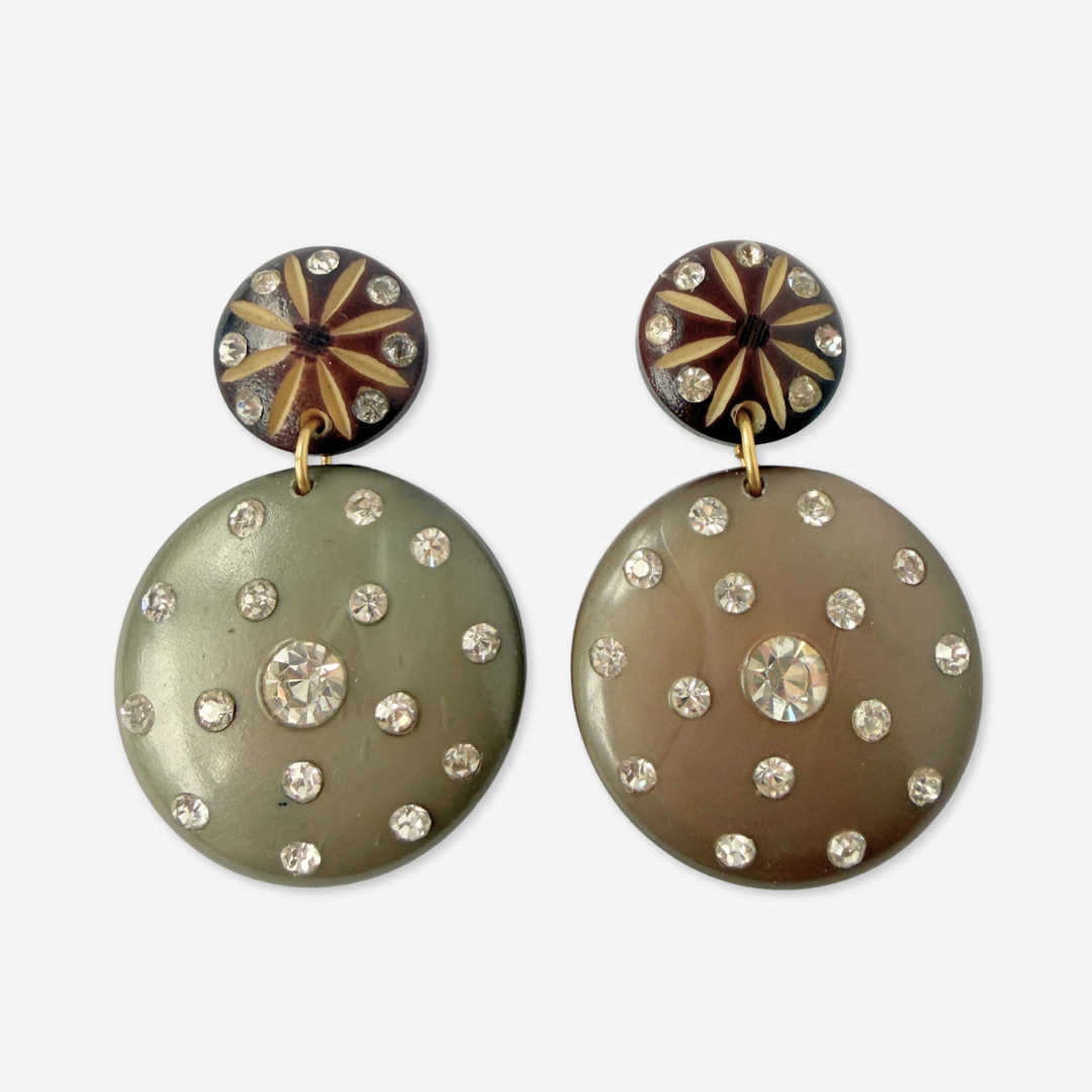 Refashioned vintage brown and rhinestone large circular statement earrings