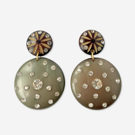 Refashioned vintage brown and rhinestone large circular statement earrings