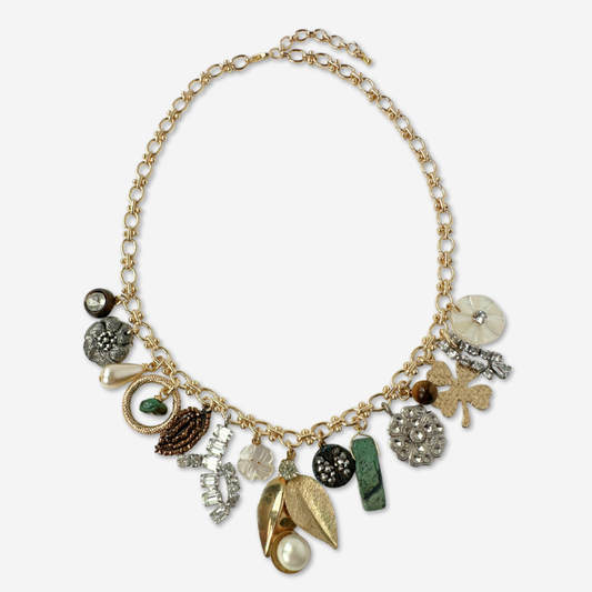 Repurposed vintage rhinestone charm necklace on gold plated chain