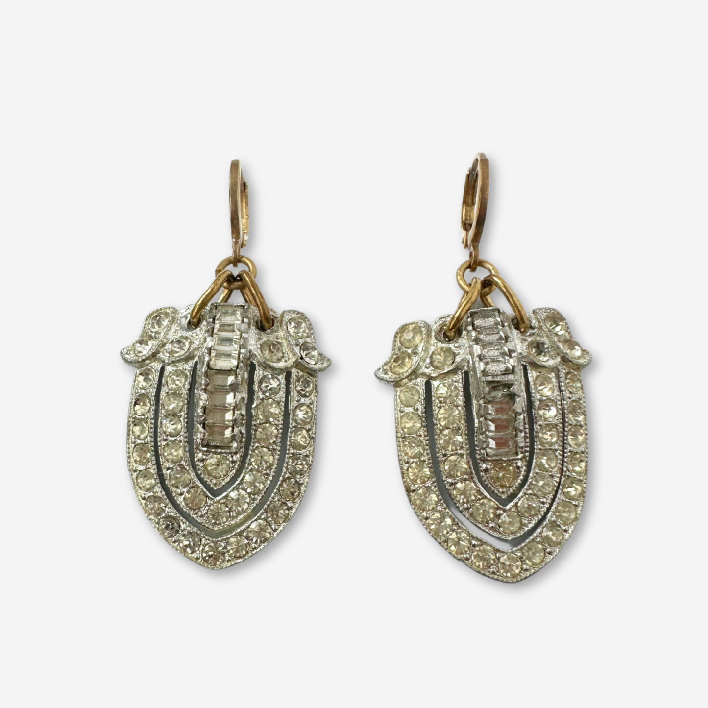 Large Vintage Art Deco silver and rhinestone earrings with brass leverback clasps
