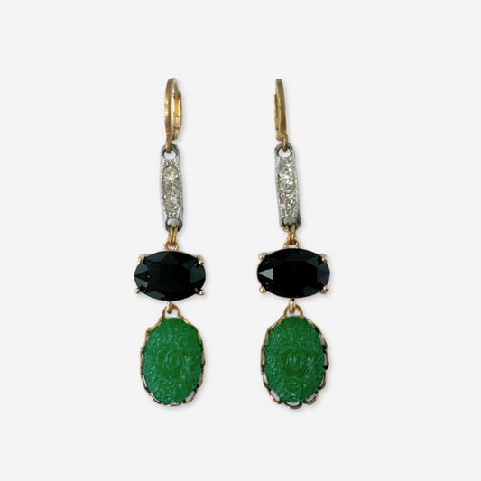 Refashioned vintage green, rhinestone, and black dangle earrings