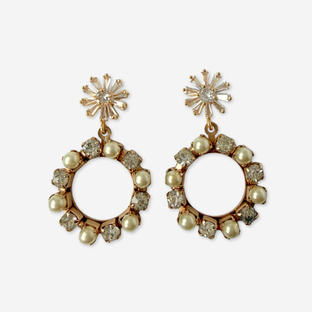 Refashioned vintage pearl and clear rhinestone hoop earrings