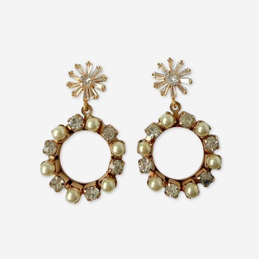 Refashioned vintage pearl and clear rhinestone hoop earrings