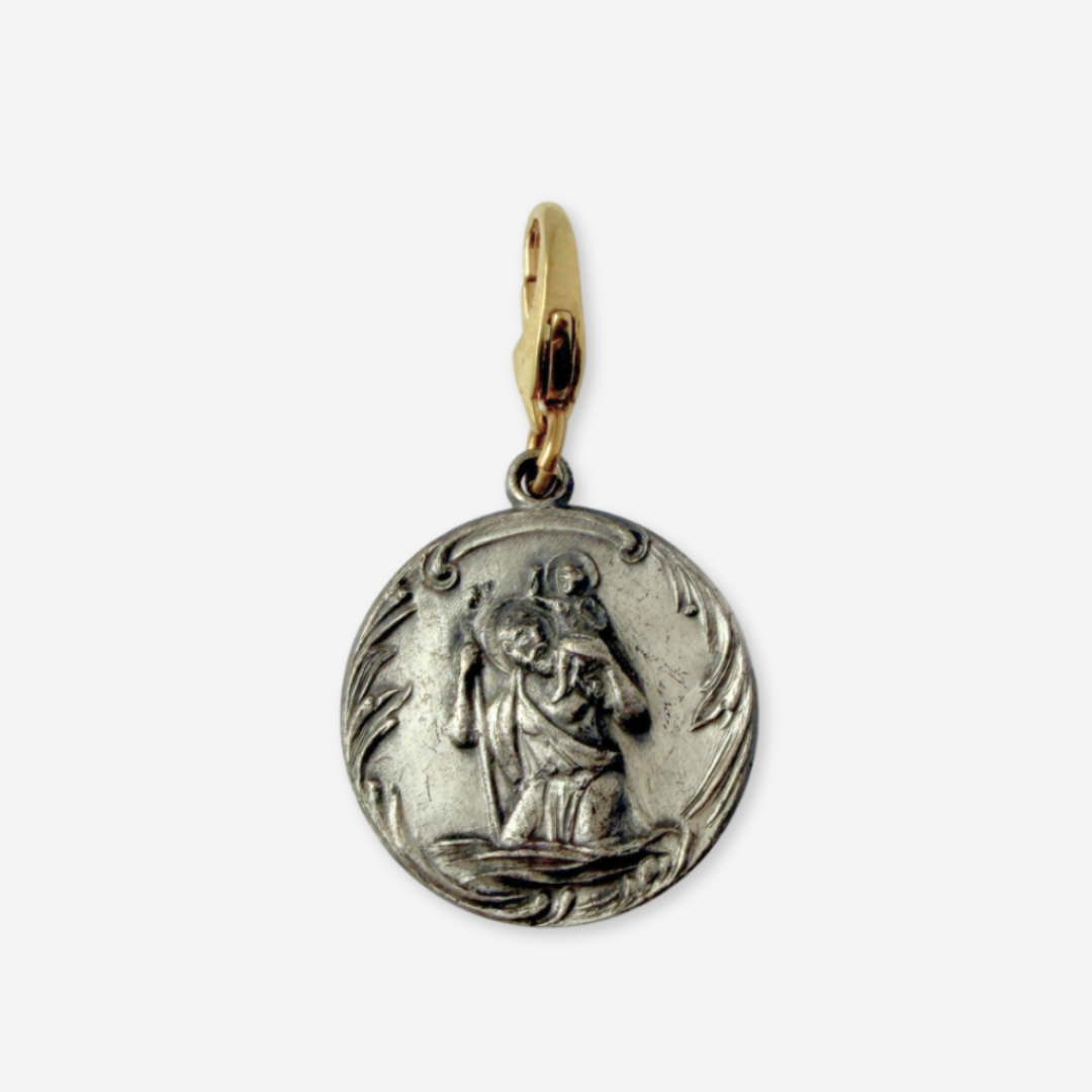 Vintage aged silver Saint Christopher circular charm pendant
