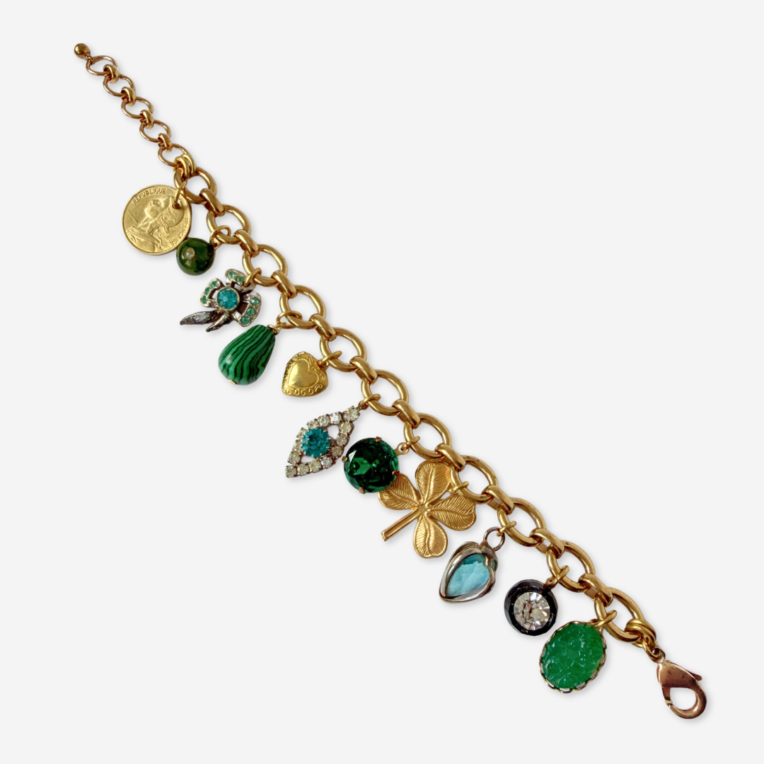 Chunky Refashioned Vintage green and turquoise mixed charm bracelet